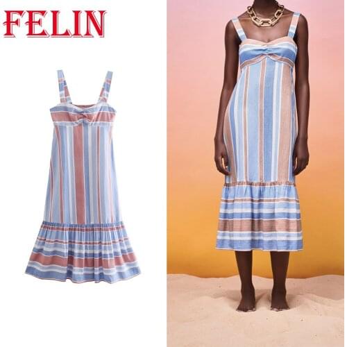 Za 2021 Women Summer Striped Linen Rainbow Dress Backless Party Midi Dress Vintage Mujer Vestidos Female Fashion Beach Dress