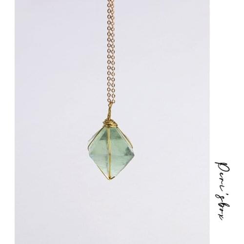 Golden Wire Wrapped Octahedron Green Fluorite Pendant Necklace Natural Stone Jewelry Healing Chakra Gem Necklace Unique Gift