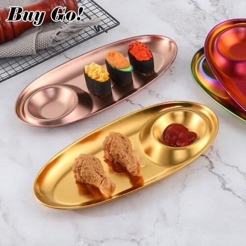 1/2PCS Stainless Steel Snack Plate Divided Grid Plate Sushi Sauce Dish Western Fries Fried Chicken Oval Plate Kitchen Tableware