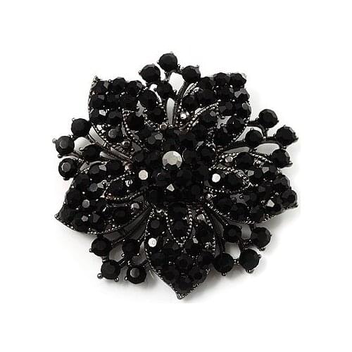 2.1 Inch Large Black Plated Black Rhinestone Crystal Vintage Brooch