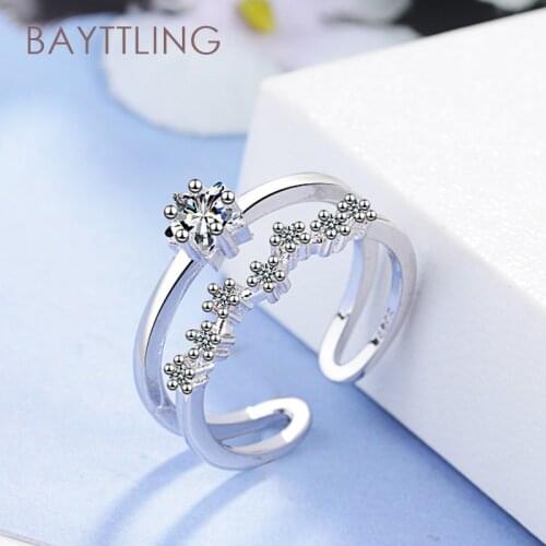 BAYTTLING Hot Sale 925 Sterling Silver Luxury Double Wave Zircon Open Ring For Women Fashion Wedding Jewelry Couple Gift