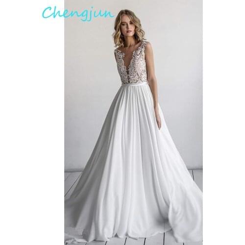 Chengjun 2020 Chiffon New Style Boho Lace Beach Wedding Dresses
