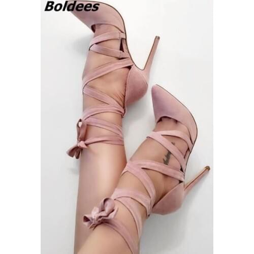 Classy Pink Suede Cross Strap Thin Heels Sexy Butterfly-knot Pointy Cut-out Stiletto Heel Pumps Fashion Ankle Lace Up Dress Shoe