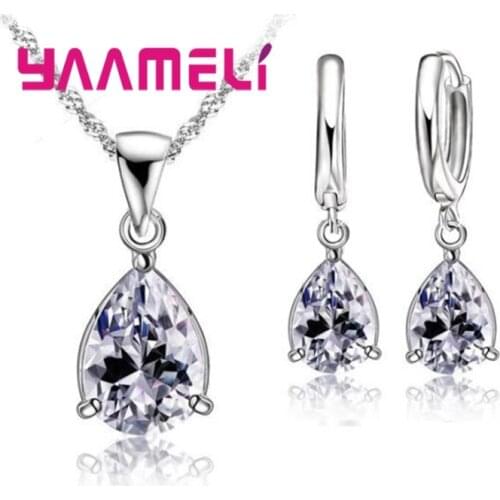 S925 Sterling Silver Jewelry Sets Simple Clear Purple Waterdrop Pendant Necklace Hoop Huggie Earrings for Wedding Engagement