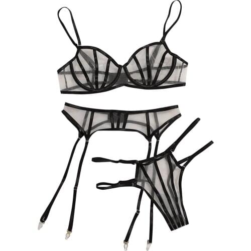 3Pcs Mesh Perspective Women Underwear Set Seamless Bra Set Ladies Fashion Temptation Sexy Lingerie Erotic Bra Garter Briefs Sets