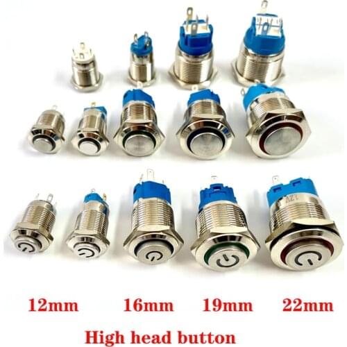 12/16/19/22mm Metal Push Button Switch High Head Ring Lamp Power Symbol Button Waterproof LED Light Self-Lock Self-Reset Button