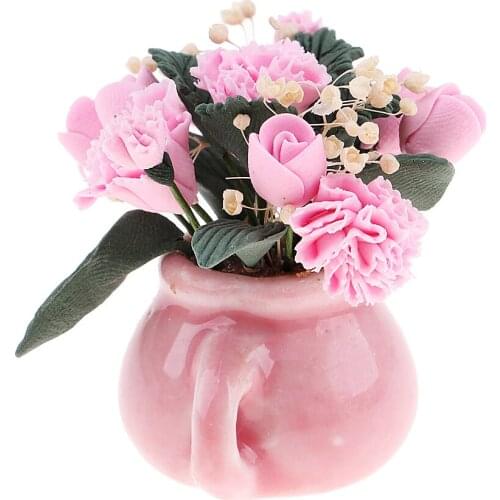 Dollhouse Miniature Plastic Pink Flower in Glass Vase Dolls Room Table Decor