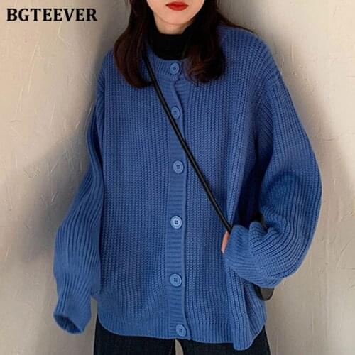 BGTEEVER Fashion O-neck Single-breasted Female Cardigan Coats Autumn Winter Warm Loose Solid Knitted Open Stitch Sweaters 2020