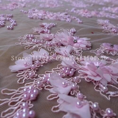 New fashion off white/yellow/pink heavy workmanship 3D flowers beaded on mesh wedding dress/evening dress lace fabric by yard