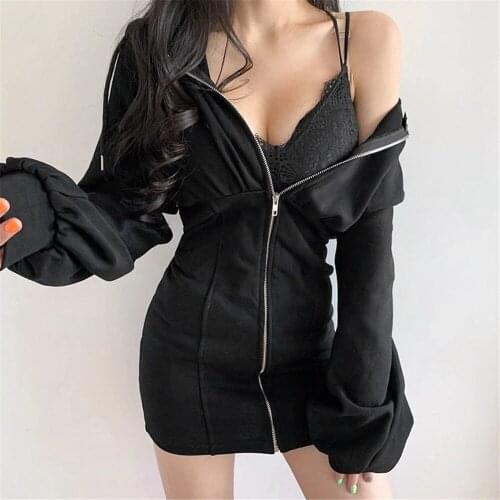 Autumn Winter Women Dress Female Fashion Casual High Waist Long SleeveTummy Control Hooded Side Pockets Front Zipper Dresses