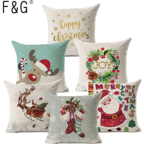 Christmas Tree Santa Claus Pattern Cotton Linen Throw Pillow Cushion Cover Home Sofa Decorative Pillowcase