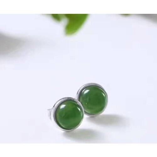 Natural green jasper stud earrings 925 sterling silver natural gemstone earrings Cute simple round girl womens party jewelry