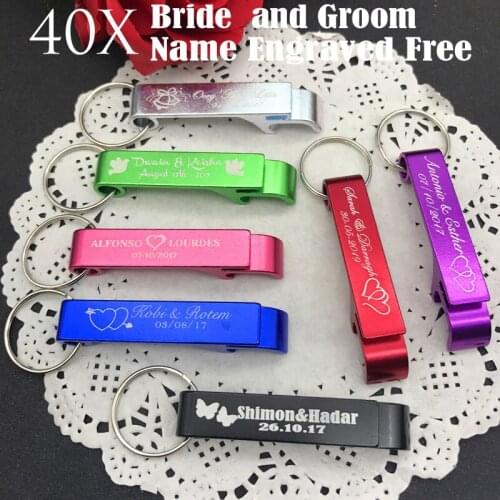 DISCOUNT !40pcs Personalized wedding favors gifts Bottle Opener Key Rings Bride and Groom Name and Date engraved FREE