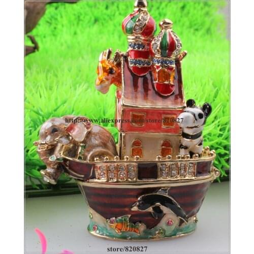 Vintage Anmial on Ship Enamel Trinket Box Elephant, Zebra, Dolphin, Fish on Boat Trinket Gift Animal Festival Jewelry Box