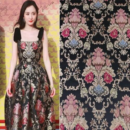 145cm width European and American high-end black flower jacquard Brocade Fabric,3D yarn dyed fabric for women coat,dress