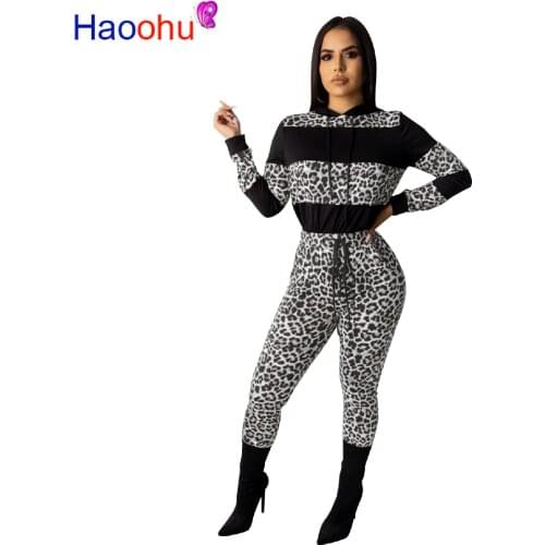 Fall Winter Leopard Causal Two Piece Set Sweatsuit Womens Clothing Hooded Full Sleeve Crop Sweatshirt + Long Pants Plus Size Set