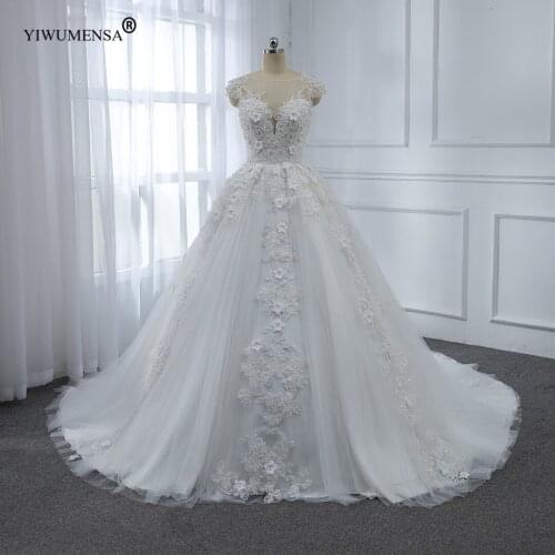 A57 3D Flowers Lace Appliques Ball Gown Dress Wedding For Women Sleeveless Beaded Pearls Bridal Gowns See Through Robe De Mariee