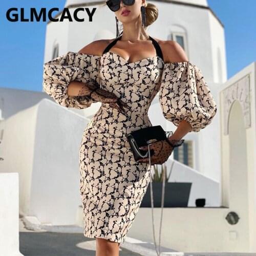 Women Off Shoulder Puff Sleeve Printed Bodycon Midi Dress