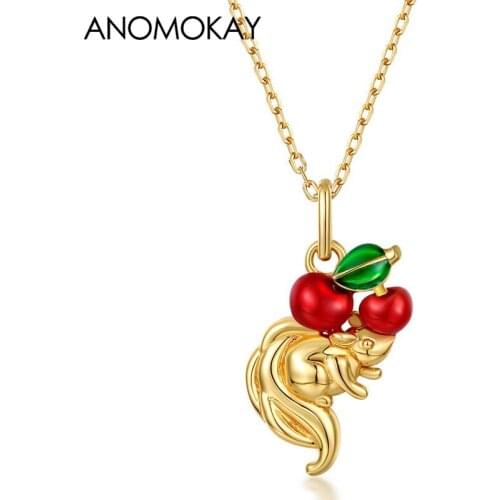 Anomokay New Desinger Squirrel Love Cheery Fruit Gold Color Necklace for Fashion Birthday Gift 925 Sterling Silver Link Necklace