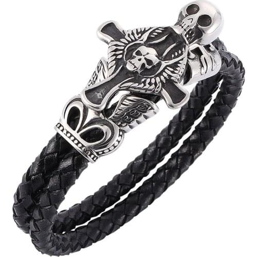 2020 Men Punk Black Double Layer Braided Leather Bracelet Cross Skull Clasp Male Jewelry Gifts S755