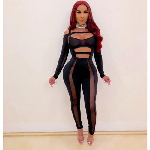 BKLD Women Spaghetti Strap Rompers Jumpsuits 2019 Autumn Long Sleeve Mesh Patchwork Clubwear Ladies Skinny Off Shoulder Jumpsuit