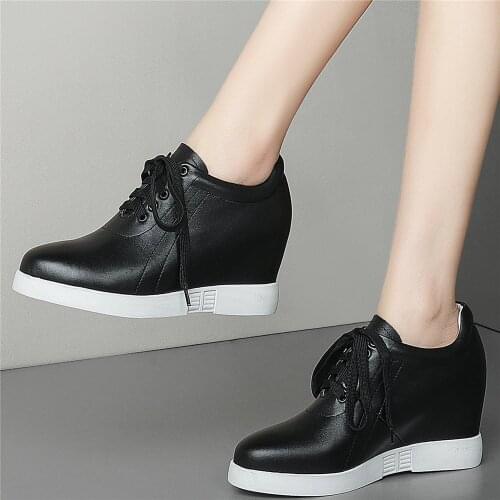 8cm High Heel Platform Creepers Women Lace Up Genuine Leather Wedges Ankle Boots Female Round Toe Fashion Sneakers Casual Shoes