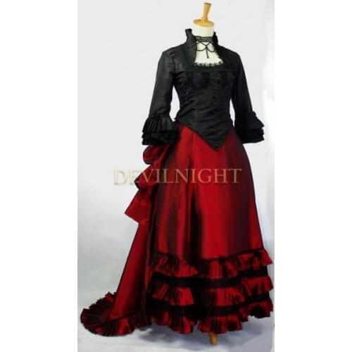 Black and Red Two Tone Victorian Dress Bustle Halloween Party Cosplay Costumes