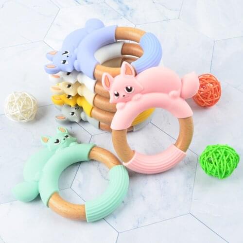Teether Ring Wooden Fox Teething Toy BPA Free Baby Teether Bracelet Food Grade Silicone Infant Teether Ring Oral Nursing Goods