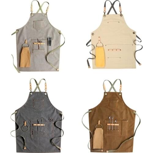 Chef Apron Cotton Canvas Cross Back Adjustable Apron with Pockets for Women and Men, Kitchen Cooking Baking Bib Apron