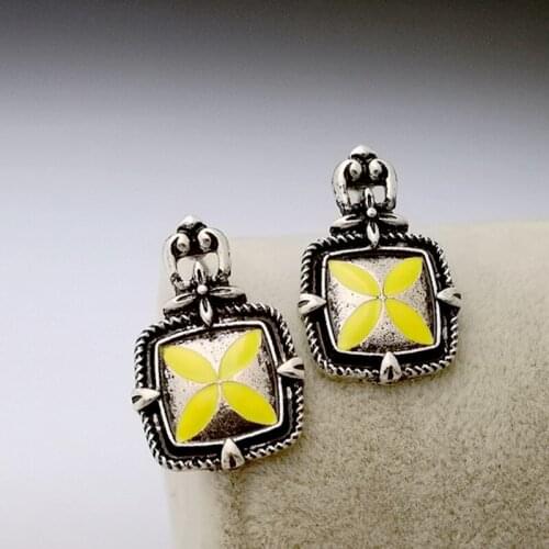 Small Yellow Leaf Painting Stud Earrings Retro Antique Silver Color Square Metal Tribal Ethnic Jewelry Vintage Bohemia Earrings