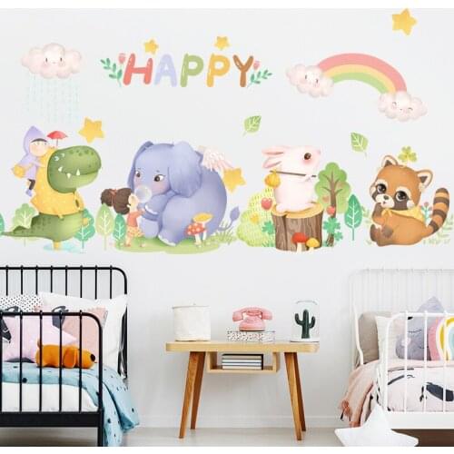 Cute Cartoon Animal Wall Sticker For Kids Baby Bedroom Nordic Style Vinyl Decorative Wall Elephant Rabbitt Dinosaur Rainbow Home