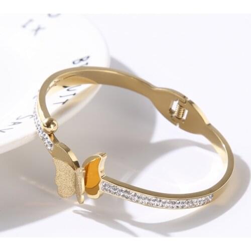 Fashion Butterfly Crystal Spring Clasp Bangles Bracelets For Women Girls Luxury Wedding Party Bangle Jewelry Gift