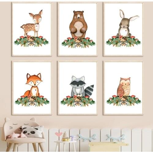 Cartoon Animals Brown Bear Elk Fox Raccoon Wall Art Canvas Painting Nordic Posters And Prints Wall Pictures For Kids Room Decor
