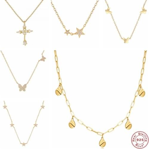Aide 925 Sterling Silver White Zircon Star Butterfly Pendant Necklaces For Women Luxury Crystal Cross Charm Chain Necklace Gift