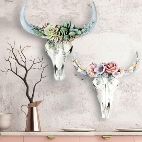 Resin Longhorn Cow Skull Head Wall Hanging Ornaments 3D Animal Wildlife Horns Sculpture Figurines Crafts Home Decorations