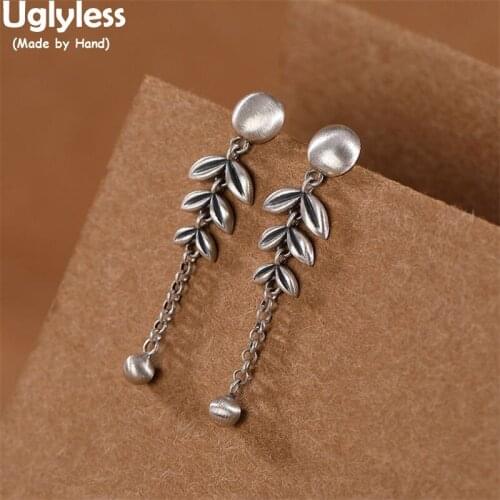Uglyless Handmade Willow Branches Studs Earrings Thai Silver Wheat Ears Tassel Earrings Real 925 Silver Brincos Ethnic Jewelry