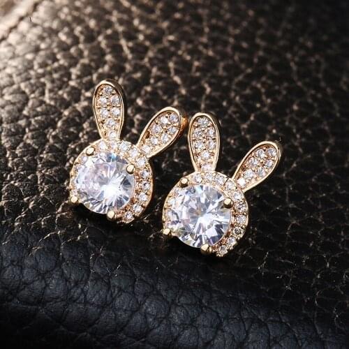 Huitan Cute Rabbit Stud Earrings Girls Gold Color Crystal Cubic Zirconia Fancy Accessories for Teens Gift Women Fashion Jewelry