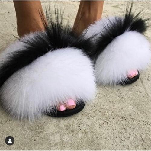 New Summer Womens Fox Fur Slippers Casual Non-Slip Fluffy Slides Female Fashion Furry Flip Flops Ladies Home Indoor Plush Shoes