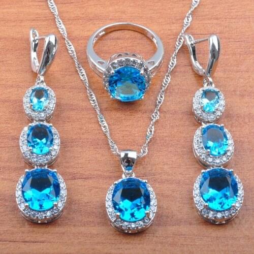 Shining Sky Blue Cubic Zircon For Women Jewelry Set Drop Dangle Earrings Necklace Pendant Ring Dubai Bridal Jewelry JS0123