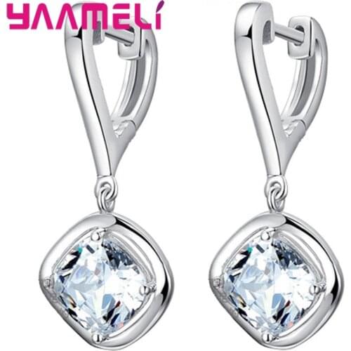 High Quality White Square Crystal Charm Dangle Earrings Fast Delivery 925 Sterling Silver Wedding/Engagement Jewelry Accessory