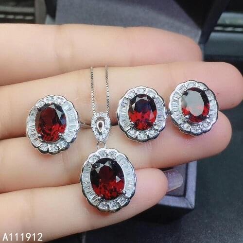 KJJEAXCMY fine jewelry natural garnet 925 sterling silver women gemstone pendant necklace ring earrings set support test fashion