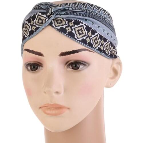 Women Ethnic Printed Cross Wide Headband Twisted Turban Elastic Hairband Beauty