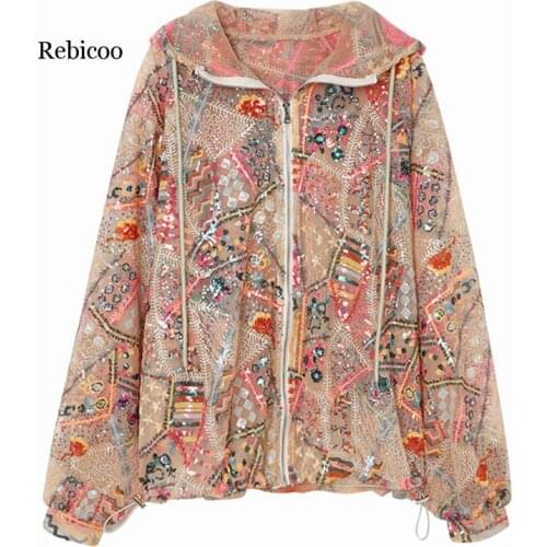 Summer Womens Loose Casual Sequin Embroidery Hooded Coats Lace Straight Long Sleeve High Quality Cardigan Jacket Outerwear