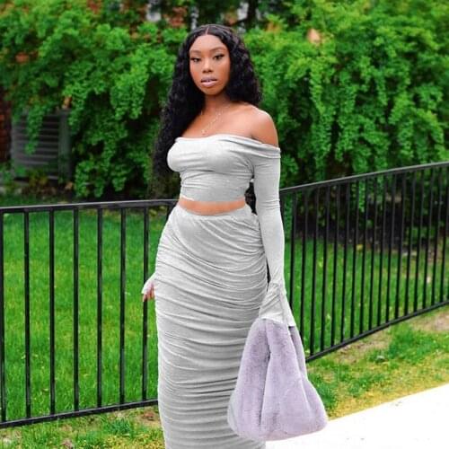 Women Long Skirt Suit Fashion Solid Color Boat Neck Backless Lace Up Top Long Sleeve And High-Waist Pleated Skirt Comfortable