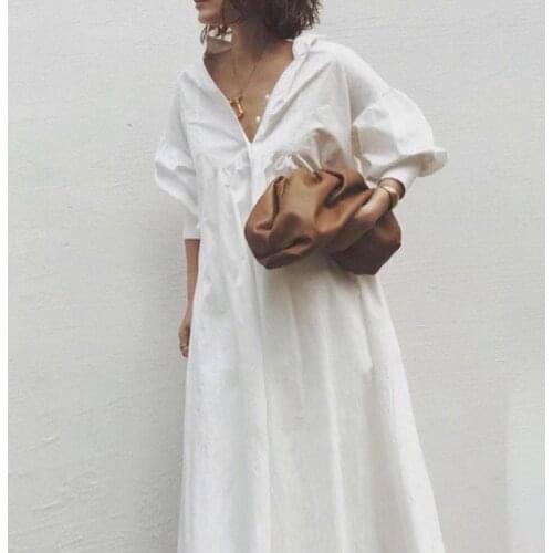 2021 Summer New Arrivals Korean Sexy V-neck Loose Plus Size Wild Elegant Simple White Thin Temperament Women Dress Free Shipping
