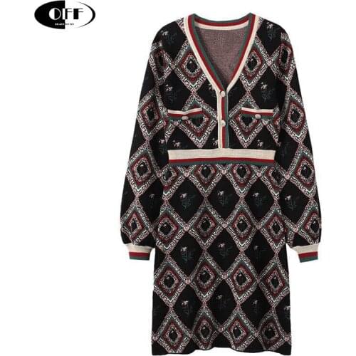 Autumn Winter Casual Vintage Woman Midi Dress Plaid V-Neck Stripe Long Sleeve Retro Knitted Chic Sweater Dresses Lady Clothes