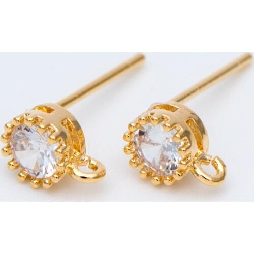10pcs CZ Paved Ear Posts 5mm with Loops, Gold Tone Brass Stud Earrings Diy Jewelry Findings Accessories (#GB-803)