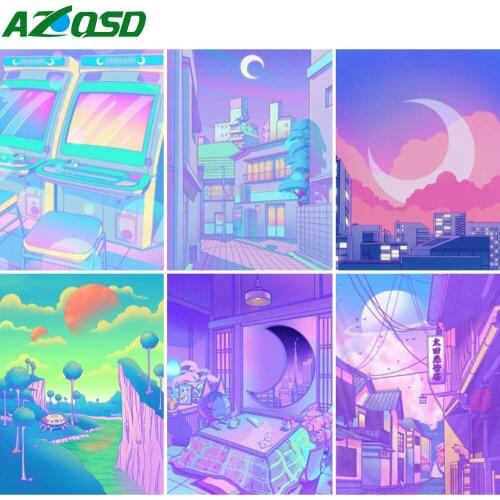 AZQSD Full Drill Diamond Painting City Moon Street Cross Stitch Rhinestones Diamond Embroidery Landscape Mosaic Home Decor