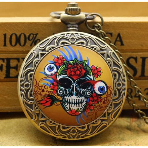 Antique Bronze Colorful Skull Head With Flower Evil Eyes Pendant Watch With Chain