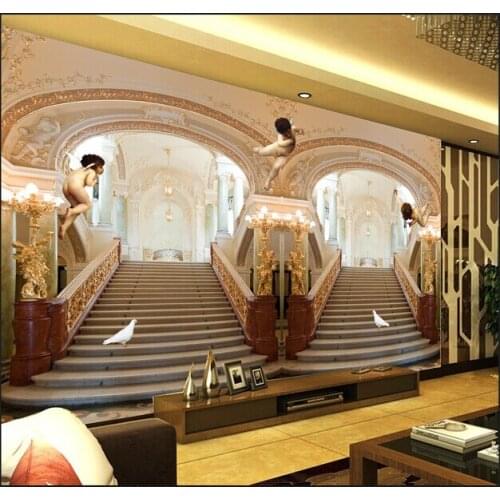 Latest custom 3D large mural,3 d angels luxury European building stairs ,living room tv background bedroom wall wallpaper